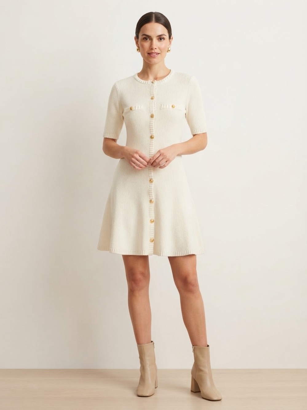 H&M Cream Ribbed Knit A-Line Dress Button Front Short Sleeve M Old Money Preppy